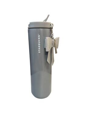 Starbucks Gray Silver Glitter Stainless Tumbler Bow Charm Holiday 2023 16 oz EUC